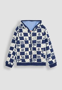 Tamno plavi i krem zip-up dukserica sa karo uzorkom koja sadrži dizajne sunca, jedrilice, palme i lista; mekani materijal sa plavim unutrašnjim dijelom.
