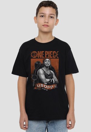 Black cotton t-shirt featuring a graphic print of a character with wavy patterns, dark outlines, and orange accents, text reads "One Piece Usopp."