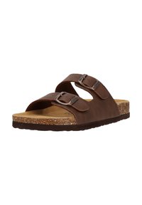 Braune Ledersandalen mit zwei verstellbaren Riemen und silbernen Schnallen, ausgestattet mit einem Korkfußbett und einer strukturierten Gummisohle.