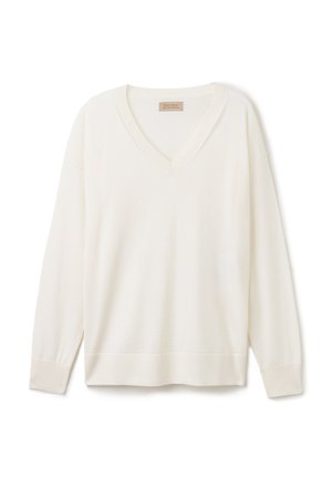 V-hals sweater i blød kremfarvet bomuldsblanding, med langeærmer, ribbede manchetter og en afslappet pasform. Etiket synlig ved halsudskæringen.