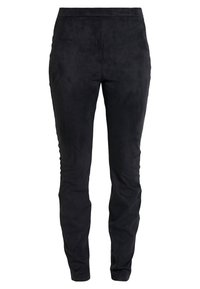 Czarne legginsy zamszowe o gładkiej fakturze, dopasowanym kroju i elastycznym pasku w talii. Brak widocznych zapięć i kieszeni.