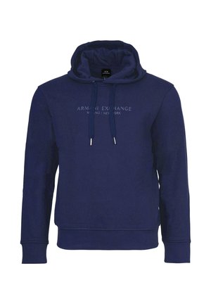 Granatowa bluza z kapturem Armani Exchange z przednimi sznurkami i subtelnym napisem logo "Armani Exchange Milano New York" na piersi.