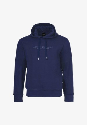 Granatowa bluza z kapturem Armani Exchange z przednimi sznurkami i subtelnym napisem logo "Armani Exchange Milano New York" na piersi.