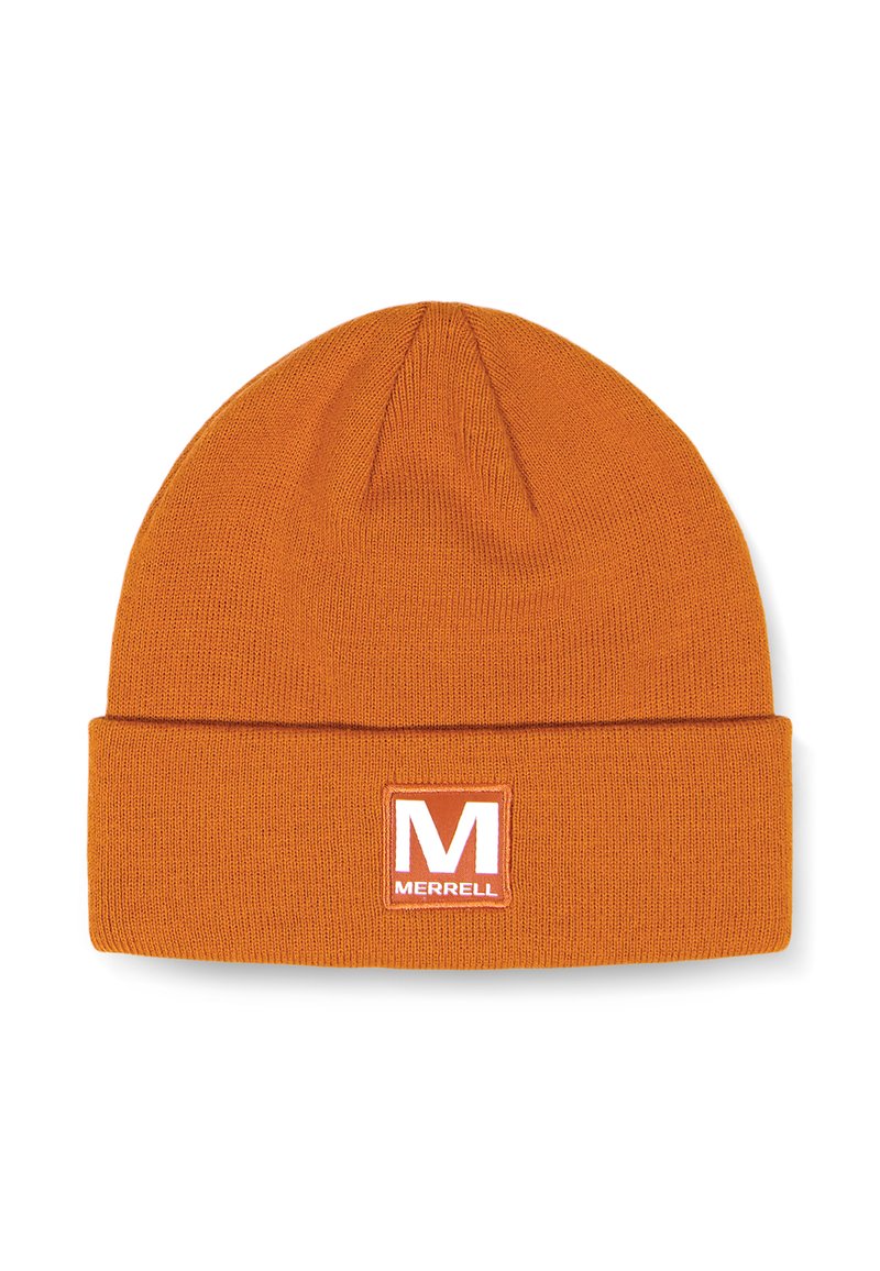 Orange knitted beanie with a folded cuff, featuring a white rectangular patch with a red "M" and "MERRELL" text. Soft texture.
