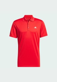 Rød polo T-shirt lavet af glat stof, med krave, korte ærmer og et diskret hvidt Adidas-logo på brystet. Enkel design.