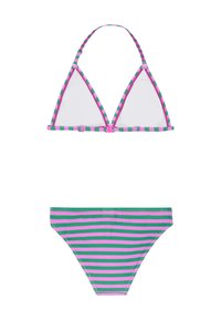 Trojuholníkový bikiny vrchný diel so zeleno-ružovým pruhovaným vzorom; nastaviteľné ramienka a spona. Zodpovedajúci bikiny spodný diel má horizontálne pruhy v rovnakých farbách.