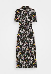 Robe noire à manches courtes avec un motif floral et de poissons. Fabriquée en tissu léger, elle présente un col classique et une taille cintrée par un lien.