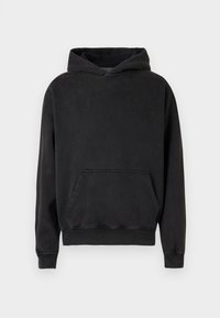 Haut à capuche noir en tissu doux. Dispose d'une grande poche avant, d'une capuche avec cordon de serrage et de poignets et ourlet côtelés.