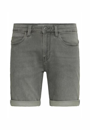Gray denim shorts with rolled cuffs, five-pocket design, and a standard button closure. Soft texture with subtle color variations.
