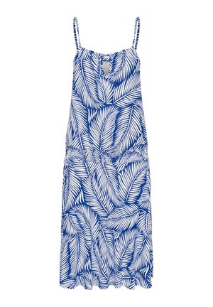 Vestido sin mangas en azul y blanco con un patrón de hojas, cintura elástica y dobladillo con volantes. Fabricado con tejido ligero y con tirantes ajustables.