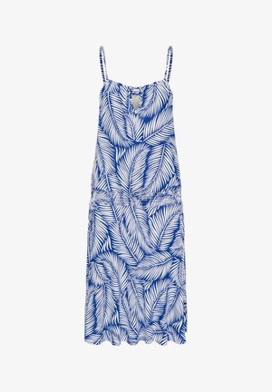 Abito senza maniche blu e bianco con motivo a foglie, vita elastica e orlo arricciato. Realizzato in tessuto leggero con spalline regolabili.