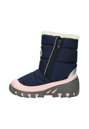 Marineblaue Winterstiefel mit robuster Sohle in Pink und Grau, seitlichem Reißverschluss und weißem Fleecefutter am oberen Rand.