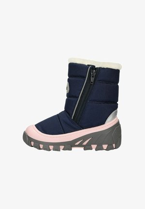 Stivale invernale blu navy con suola robusta rosa e grigia, cerniera laterale e bordatura in pile bianco lungo il bordo superiore.