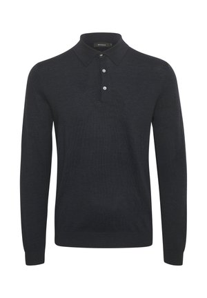 Marineblauwe lange mouw polo gemaakt van zachte stof, met een knoopsluiting, klassieke kraag en geribde manchetten. Geen patronen of accenten opgemerkt.