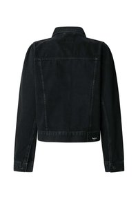 Crna traper jakna krojenog kroja, s kopčanim manžetama i jednobojnim leđima. Ima mali natpis marke na rubu.