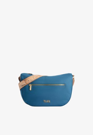 Borsa a tracolla blu a forma di mezzaluna con cerniera frontale, tracolla beige con stampa di mappa e logo dorato "T CLASSE".