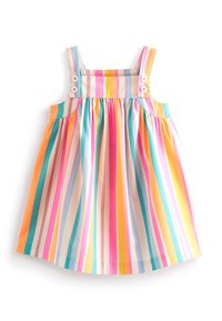 Raidallinen mekko leveillä olkaimilla, jossa on pastellisävyjä kuten vaaleanpunainen, oranssi ja sininen. Napit edessä ja kootut yksityiskohdat vyötäröllä.