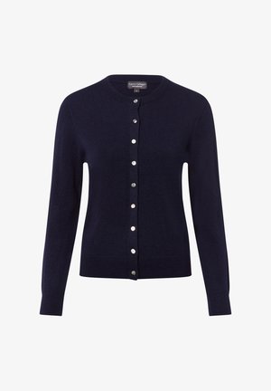 Marineblauer Cardigan aus weichem Kaschmir, mit rundem Ausschnitt, langen Ärmeln und einem durchgehenden Knopfverschluss mit silbernen Knöpfen.