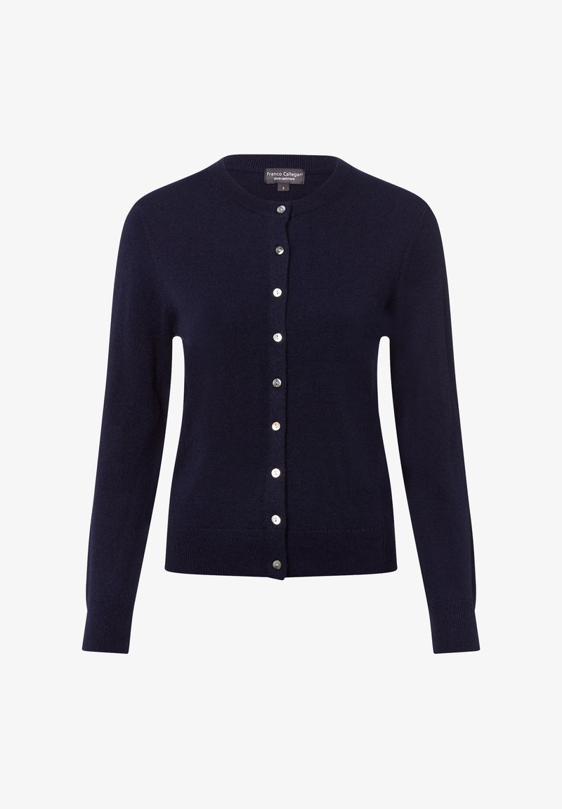 Marineblauer Cardigan aus weichem Kaschmir, mit rundem Ausschnitt, langen Ärmeln und einem durchgehenden Knopfverschluss mit silbernen Knöpfen.