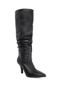 Black leather knee-high boot with a pointed toe and a slim high heel. The shaft features a gathered design for texture and detail.