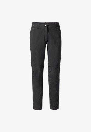 Black, lightweight pants with zip-off legs, featuring two front pockets and a button closure. Made from breathable, durable fabric.