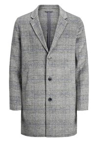 Harmaa ruudullinen takki, jossa on lovettu kaulus, kaksi etutaskua, kolme nappia ja pehmeä tuntuma sinisin kuvioin kuviossa.