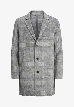 Cappotto a quadri grigio con rever a incavo, due tasche frontali, tre bottoni e una texture morbida con accenti blu nel motivo.