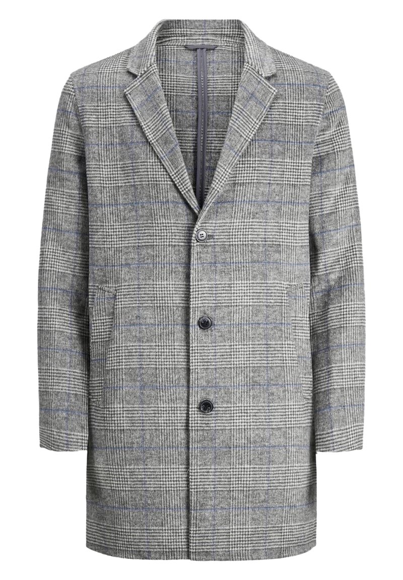 Harmaa ruudullinen takki, jossa on lovettu kaulus, kaksi etutaskua, kolme nappia ja pehmeä tuntuma sinisin kuvioin kuviossa.