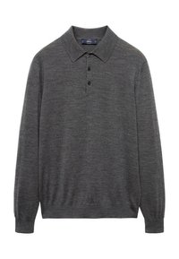 Grau langärmliges Polohemd aus Strickstoff, mit einem klassischen Kragen, drei schwarzen Knöpfen und elastischen Details an den Manschetten.