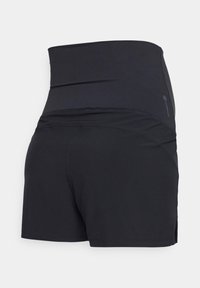 Shorts de sport noirs taille haute avec large ceinture et petite fente latérale, conçus pour la remise en forme ou un usage décontracté.