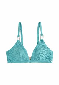 Egy teal színű, textúrázott háromszög bikini felső állítható pántokkal és fémből készült díszítésekkel az elülső és hátsó részen.