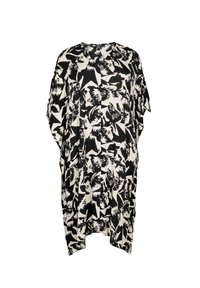 Svart och vit kaftan med abstrakt blommönster, lös passform, rund halsringning, korta ärmar, lätt tyg och sidofrackar.