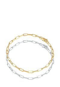 Armband i guld- och silverfärgad pappersklänningskedja med växelvis länkar, glänsande finish och karbinlås.