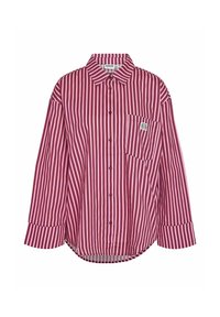 Red and pink striped long-sleeve shirt with a button-down collar, front pocket, and curved hem; fabric appears smooth and lightweight.