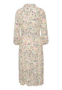 Robe midi à manches longues avec motifs géométriques abstraits multicolores et motifs en forme de cœur sur fond beige clair.