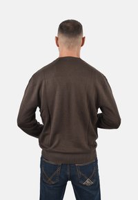 Maglione marrone con motivo a fantasia, collo e polsini a coste, abbinato a jeans di denim blu con cuciture a contrasto e dettagli tasca.