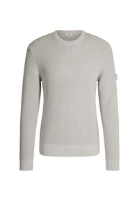 Hellgrauer gestrickter Pullover mit rundem Halsausschnitt, gerippten Bündchen und Saum sowie einer texturierten Oberfläche mit kleinen erhabenen Mustern.