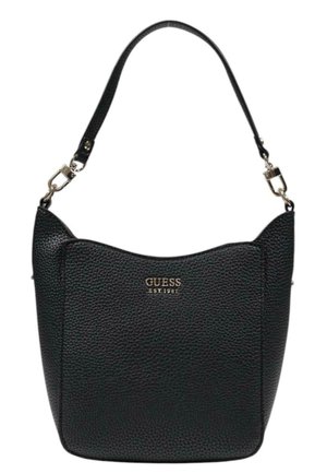 Borsa a spalla in pelle nera texturizzata con parte superiore curva, logo dorato e accessori in argento. Presenta una singola tracolla regolabile.