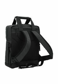 Bolsa multifuncional negra con correas para el hombro ajustables y acolchadas, asa en la parte superior, respaldo de malla texturada y múltiples compartimentos con cremallera.