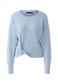 Hellblauer, gerippter Pullover mit langen Ärmeln, rundem Ausschnitt und einer verdrehten Knoten-Detail am vorderen Saum.