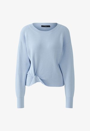 Light blue ribbed long-sleeve sweater with a round neckline and a twisted knot detail at the front hem.