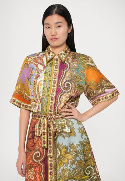 Tânără cu păr lung și închis la culoare, purtând o rochie cu imprimeu paisley multicolor, cu curea, mâneci scurte și guler ascuțit.