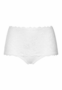 Vita spetsunderkläder med en stretchig spetsövre kant och slät vit tyg under. Kanterna är vågiga för en dekorativ finish.