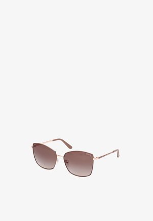 Braune Gradient-Sonnenbrille mit geometrischer Form, Metallrahmen in Roségold und strukturierten Bügeln, die ein dezentes Logodesign aufweisen.