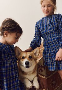 Due bambini vestiti con abiti blu e a quadri interagiscono con un corgi marrone e bianco su uno sfondo di tessuto decorato.