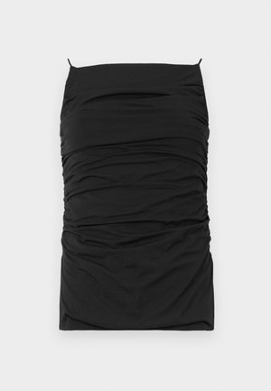 Black bodycon dress with ruched texture, featuring a straight neckline and thin adjustable straps. Soft fabric for comfort and fit.