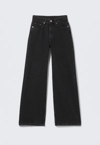 Wide-leg black denim jeans with a fitted waist, sturdy fabric, front pockets, and gold-tone hardware details.