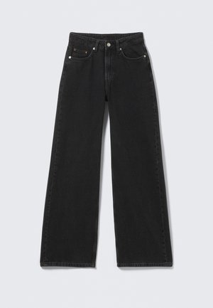 Wijdvallende zwarte denim jeans met een aansluitende taille, stevige stof, zijzakken en details in goudkleurige hardware.