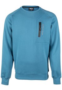 Blauwe fleece sweatshirt met lange mouwen, een ronde hals, een ritszak op de linkerborst en textiel met structuur. Voorzien van het "GORILLA WEAR"-logo.
