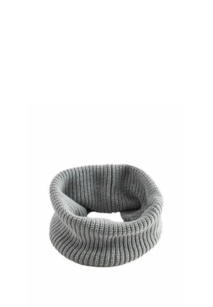 Gray knitted circular neck warmer with ribbed texture on a white background.